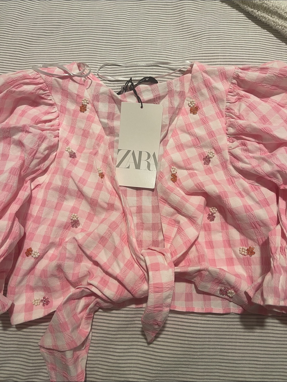 Zara Pink Gingham Tie-Front Puff Sleeve Top